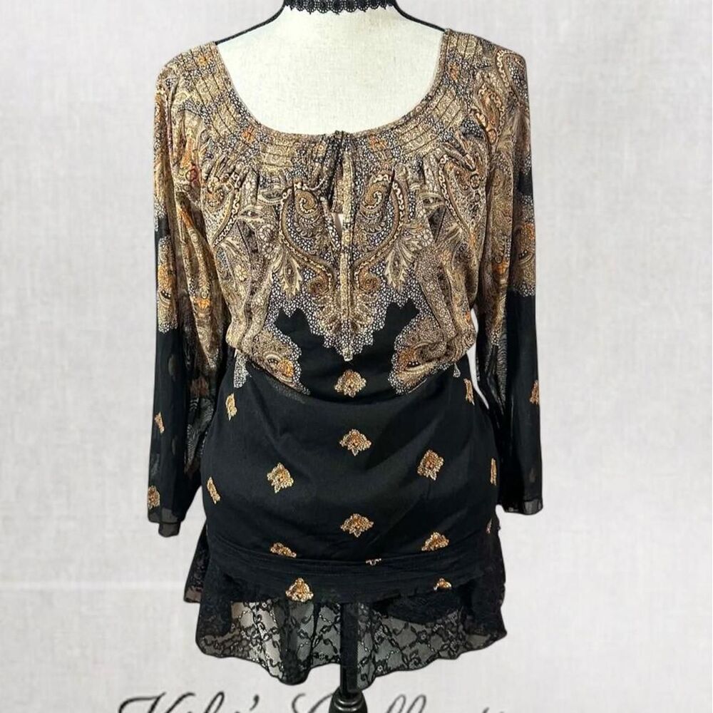 Goth Boho Style Tan and Black Patterned Blouse with Mesh Sleeves